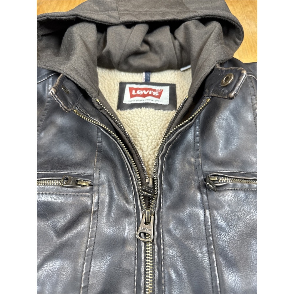 Levi's Men's Black Faux Leather Hooded Jacket Zip Front Coat Sz Large Biker - Picture 3 of 16